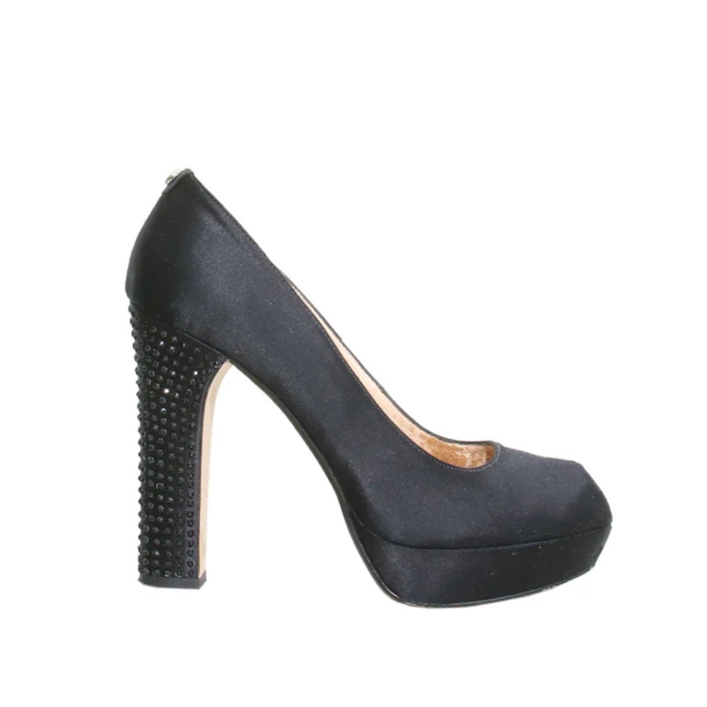 Michael Kors Black Satin Platform Studded Block Heel Pumps